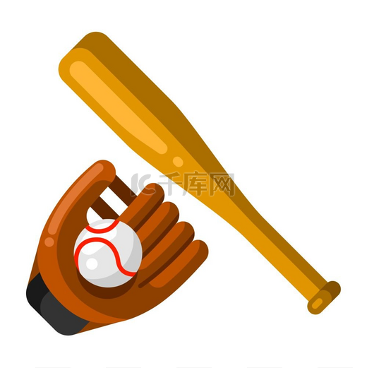 平面风格的棒球手套、球和球棒图标。图片