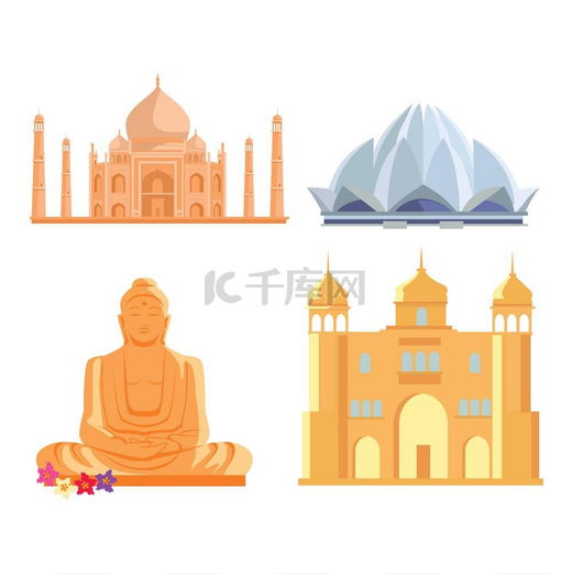 设置印度建筑地标设置著名的印度建筑景点莲花寺佛像古代宫殿平面风格设计矢量插图印度的暑假概念图片