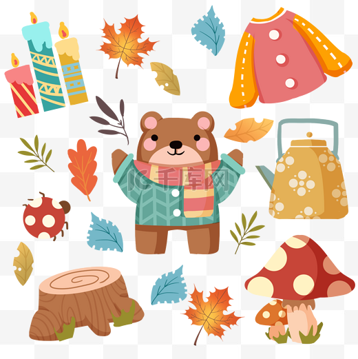秋天秋季小熊落叶树桩可爱图片
