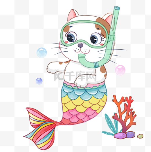 猫美人鱼潜水海底水彩画图片