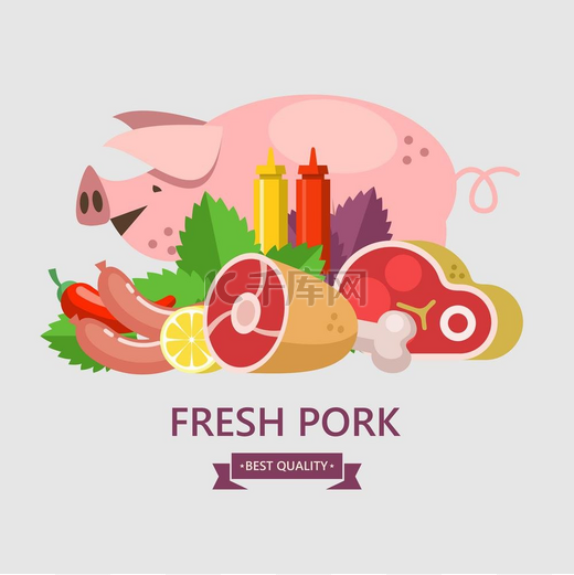 优质猪肉农场肉类鲜肉香肠番茄酱芥末罗勒叶和柠檬为背景的蔬菜的静物可爱的大猪矢量插图图片