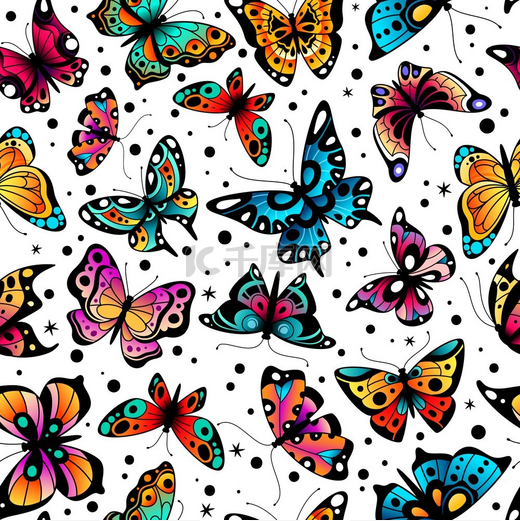 蝴蝶无缝图案可爱的五颜六色的蝴蝶美丽的昆虫复古的春天设计织物装饰壁纸质朴的矢量纹理印花蝴蝶无缝图案可爱的彩色蝴蝶美丽的昆虫复古的春天设计法布尔图片
