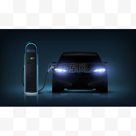电动车收费。现实的汽车充电电池在车站.汽车与发光前灯充电蓄电池.绿色能源概念。病媒创新运输技术图片