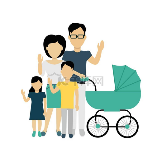 幸福家庭概念横幅设计幸福家庭概念横幅设计扁平风格一个年轻的家庭男人和一个女人带着一个儿子和一个女儿还有一个婴儿车母亲和父亲与孩子的幸福生活方式矢量插图图片
