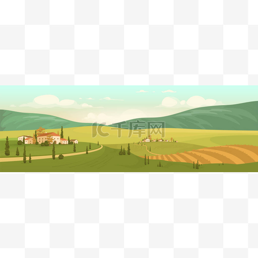Autumn natural scenery flat color vector illustration. Small Italian villages 2D cartoon landscape with green hills and yellow field. European countryside in fall. Country houses图片