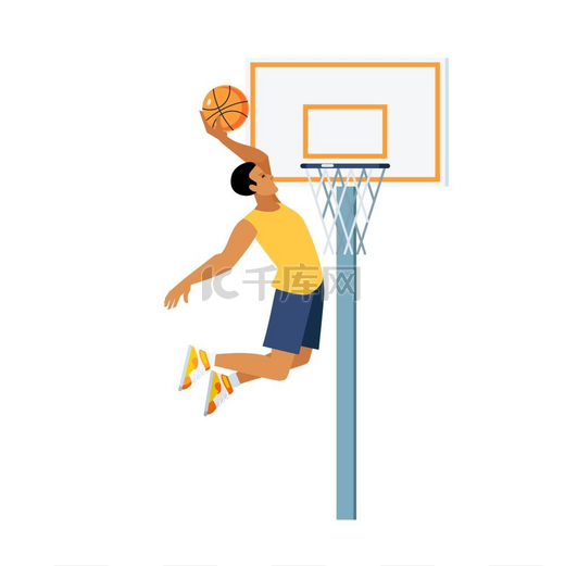 篮球跳跃插图一名年轻男子在篮板附近用篮筐扣篮背景为白色矢量图图片