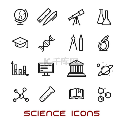 科学和教育细线图标与大学和书籍、实验室眼镜和计算机、显微镜和地球仪、毕业帽和铅笔、指南针和 dna、原子和生物危害、电和氧气。图片