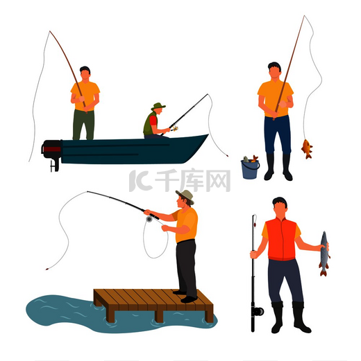 白色矢量横幅上孤立的捕鱼过程，船上和木工用不同钓鱼竿的人的插图，在桶中捕鱼。图片