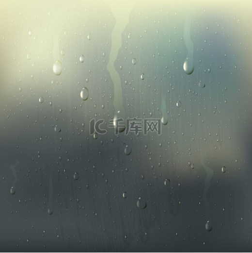 雾化的湿玻璃滴下逼真的构图彩色雾化湿玻璃滴在窗户矢量图上有雨渍的逼真构图图片