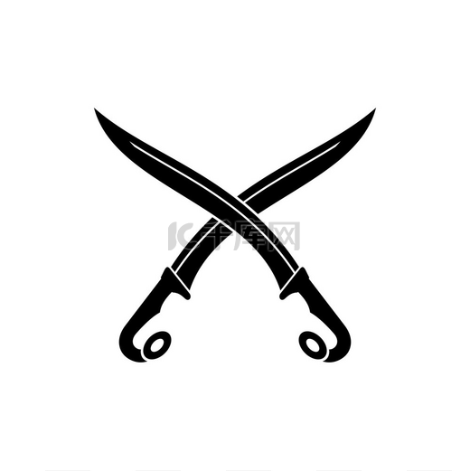 交叉的剑孤立的图标矢量弯刀黑色战士用锋利的刀片作战的武器马切特军刀孤立的交叉剑图片