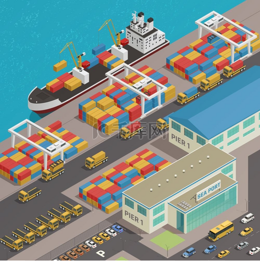 货运驳船港口码头等距图停泊在港口码头的货运驳船码头边装载五颜六色的集装箱等距合成矢量图图片