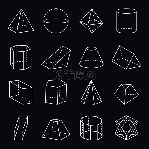 几何形状集合、金字塔和长方体、球体和三角棱柱、圆柱体和钝锥体等几何形式、矢量图解。图片