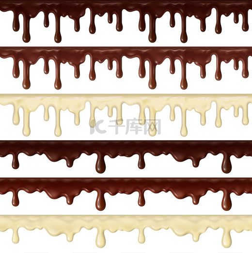 逼真的甜巧克力滴落，流动的热巧克力边框。图片