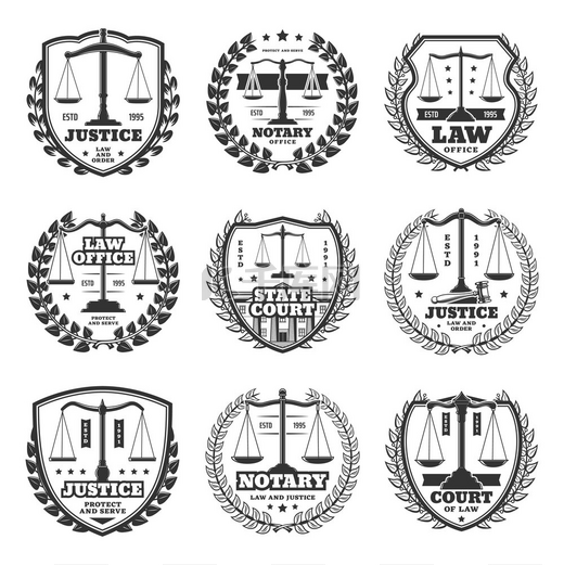 公证处和法院图标、司法服务复古标志和标签。图片