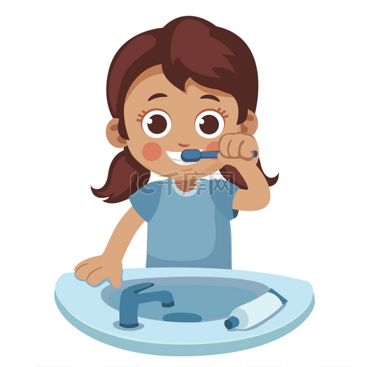 孩子刷牙。可爱的小女孩用牙刷和水槽微笑。卡通矢量插画图片