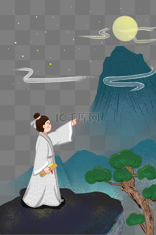 古人古代赏月山峰松树雾气意境星星图片