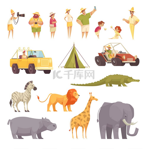 Safari 旅行有趣的平面图标收集与游客吉普车帐篷野生非洲动物孤立矢量图图片