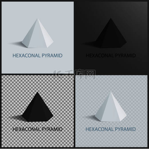 六角锥设置在暗光和透明背景下六角锥的三维几何形状几何3图形矢量深色和透明的六边形金字塔图片