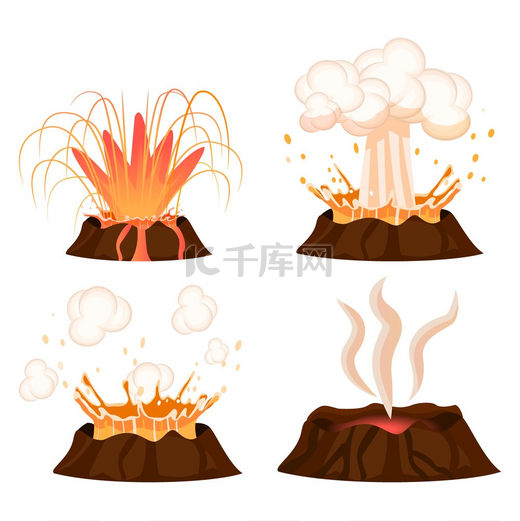 火山喷发阶段矢量插图集火山冒着热气炽热的熔岩逼近飞溅并在白色背景上蔓延平面设计卡通风格的火神概念火山爆发阶段插图集图片