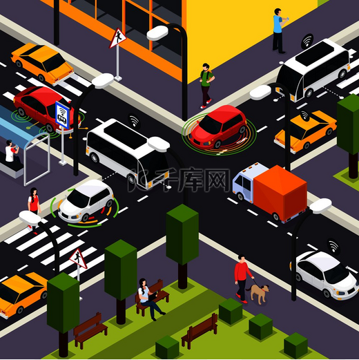 城市十字路口等距背景与自动无人驾驶汽车在道路上和人们走在街道矢量图上。图片