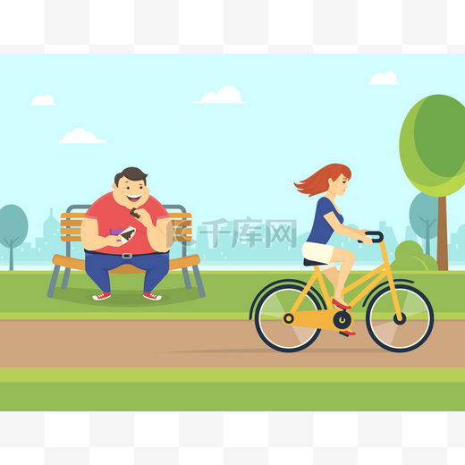 快乐的胖男人在公园里吃巧克力，看着漂亮的女人，骑一辆自行车图片