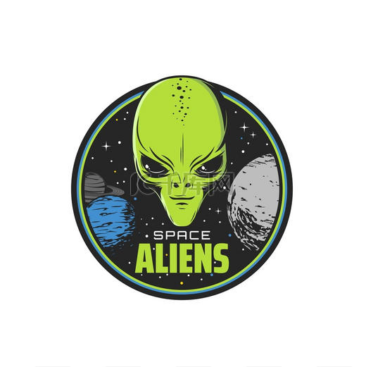 太空外星人图标与类人生物或外星人是绿色的脸或头、太阳系行星和恒星。图片