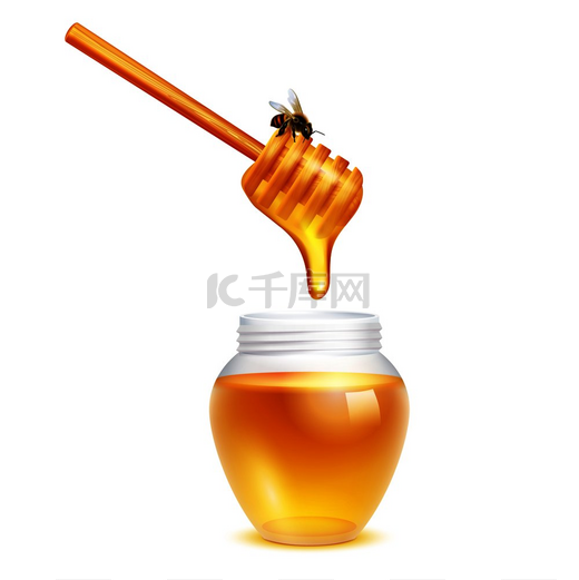 蜂蜜从北斗棒滴下与蜜蜂在玻璃罐现实设计概念上的白色背景矢量图。图片