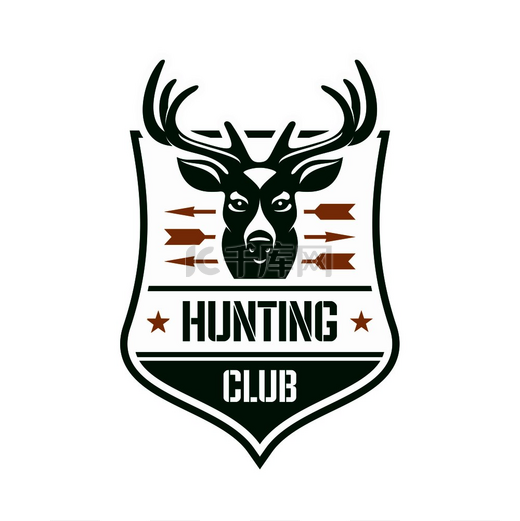 狩猎俱乐部纹章徽章设计用于猎人协会或体育俱乐部的设计盾牌上的箭头刺穿了一只马鹿的头部狩猎俱乐部纹章徽章设计带有马鹿图案图片