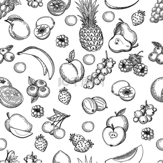 水果色背景水果园线条绘制矢量无缝图案水果饮食质感水果线无缝图案图片