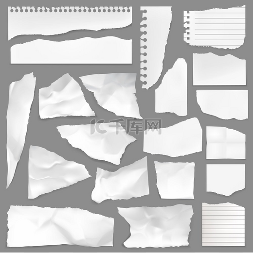 撕裂的便条纸屑、矢量撕裂的空白片和带线条的剪贴簿笔记。图片