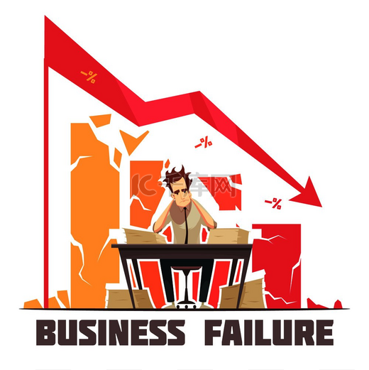 商业失败复古卡通海报与沮丧的商人坐在办公室下降图箭头矢量图。图片