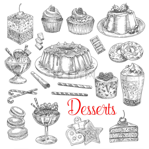 矢量素描图标的甜点饼干和蛋糕图片