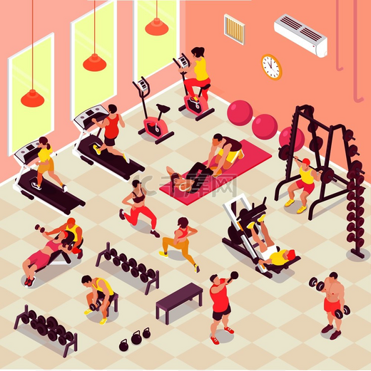 在健身房 3d 等距矢量图中进行健身有氧运动和重量训练的男性和女性。图片