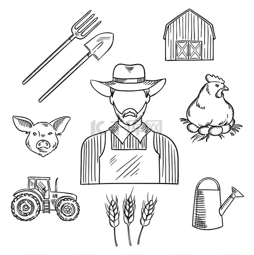 农业设计的农民职业素描，大胡子男子戴着帽子和工作服，周围环绕着拖拉机、谷仓、小麦种植园、铲子、干草叉和喷壶、栖息在鸡蛋和猪上的鸡。图片