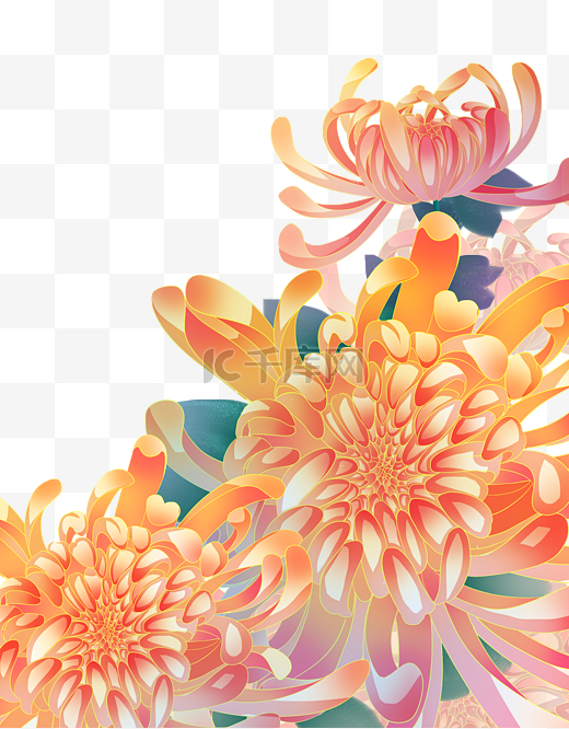 国潮风菊花描线中国风底边装饰花朵图片