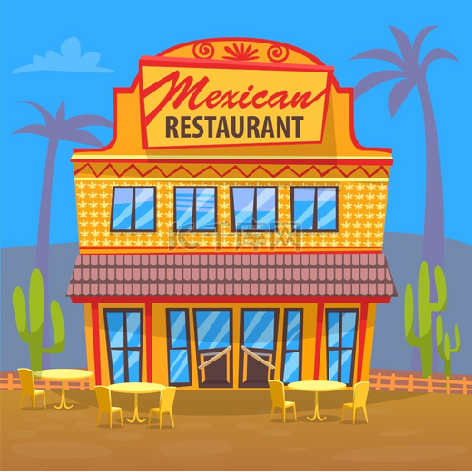 墨西哥美食餐厅矢量餐厅外部为客户提供带招牌和入口的房子棕榈和仙人掌的沙漠环境吃的地方墨西哥餐厅建筑餐厅外部图片