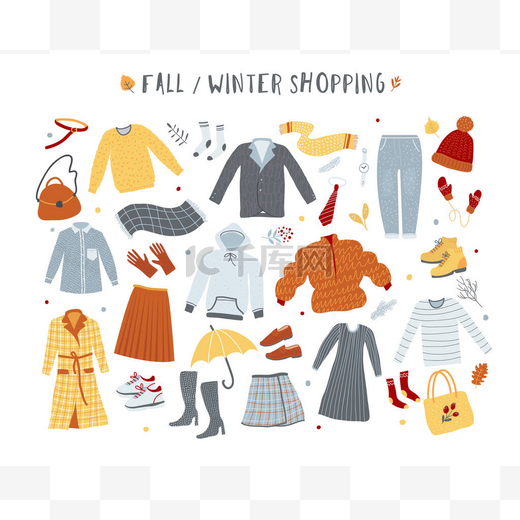 服装及外套系列,冬季及秋季时尚,购物概念图解.手绘病媒海报. 图片