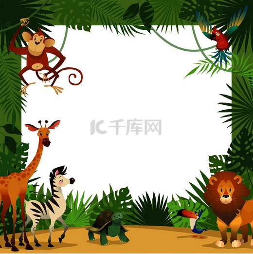 丛林动物卡片框架动物热带树叶问候婴儿横幅动物园边界模板派对儿童卡通矢量插图丛林动物卡片框架动物热带树叶问候婴儿横幅动物园边界模板派对儿童图片