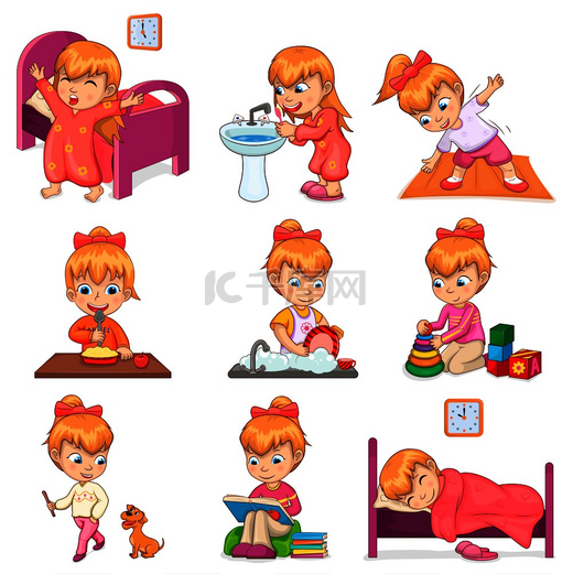 小女孩刷牙、早上锻炼、吃粥、洗碗、玩玩具和狗、读书和睡觉矢量插图。小女孩做日常插图集图片