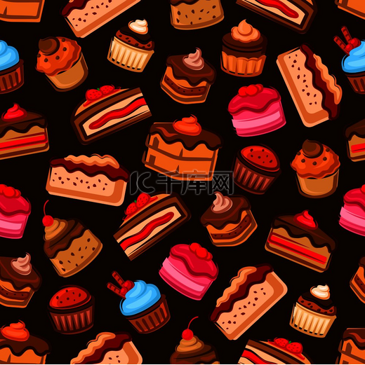 巧克力蛋糕和蛋糕无缝图案由新鲜草莓和樱桃水果、浆果、焦糖和薄荷奶油、果酱和棕色背景的巧克力酱装饰。图片