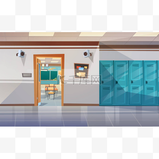 空学校走廊与类房间储物柜大厅打开门图片