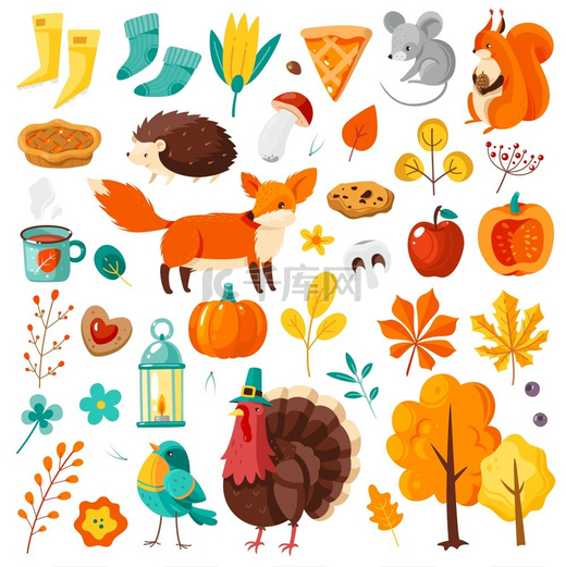 秋季套装黄色和橙色的落叶森林动物南瓜苹果和火鸡丰收节和感恩节的节日属性为卡片海报平面矢量卡通孤立集秋季套装黄色落叶森林动物水泵图片