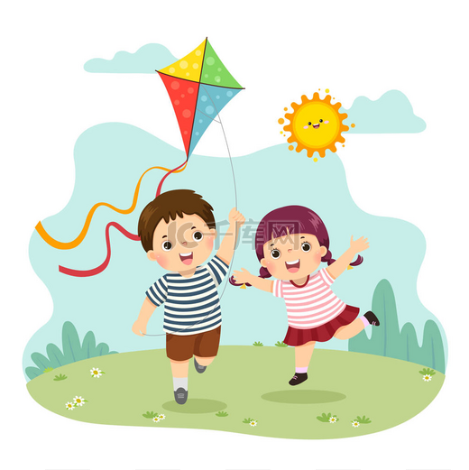 一个小男孩和小女孩放风筝的矢量图解.兄弟们一起玩.图片