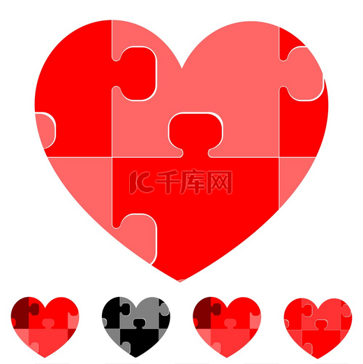 Heart and hearts with red gray black puzzles.. Heart and hearts with red grey black puzzles it is set. 心与心与红灰黑色拼图。图片