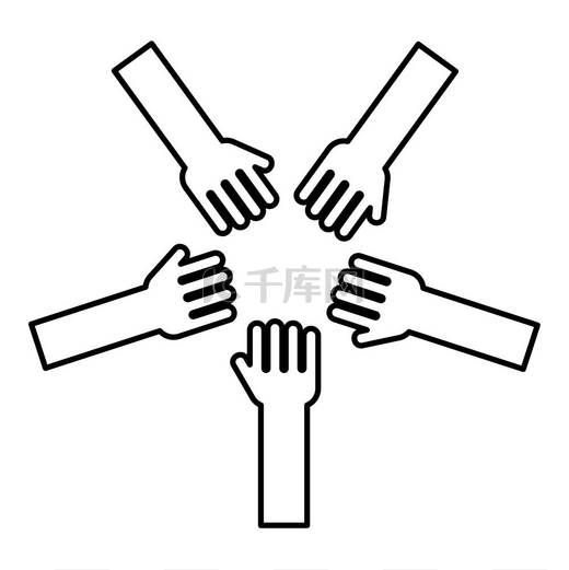 五只手成组的手臂许多手相连张开的手掌人们把手放在一起叠手概念统一图标轮廓黑色矢量插图平面风格简单图像图片