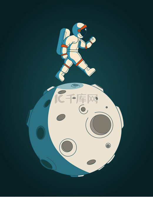航天员(宇航员)穿着白色宇航服在有环形山的月球上行走的摘要矢量图解.被深蓝色的背景隔离图片
