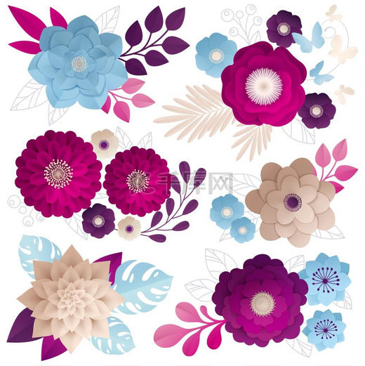 纸花组成彩色套装纸花构图以紫红色品红色深紫色和蓝色米色为背景白色背景矢量插图图片