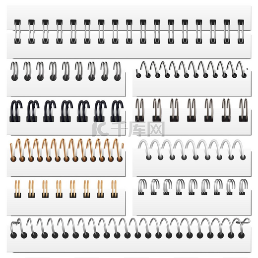 逼真的银铁笔记本装订线螺旋装订素描本或日历纸铁螺旋矢量插图集纸质笔记本螺旋活页夹螺旋线圈紧固片逼真的银铁笔记本装订线螺旋绑定图片