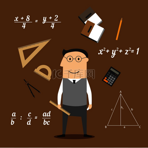 数学家职业概念设计与戴眼镜的老师被公式和计算器、尺子和圆规、铅笔和教科书、绘图和几何图形包围。图片