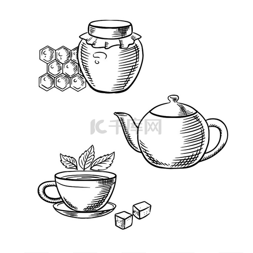 一杯茶，新鲜茶叶和方糖，复古茶壶和蜂蜜玻璃罐与蜂窝。图片